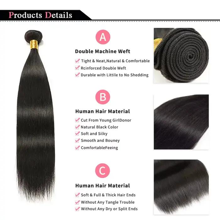 Extensions de cheveux vierges brésiliens naturels noirs non traités, tissage rapide, lisses, grade 1