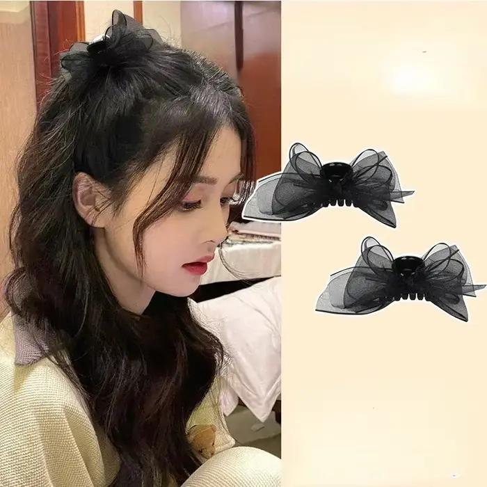Pince à cheveux en maille avec nœud papillon noir mat, 2 pièces, petite épingle à cheveux pour fille