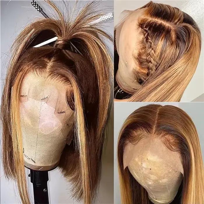 200% densité courte Bob perruques mettre en évidence droite dentelle avant perruques Blonde 13x4 Tra