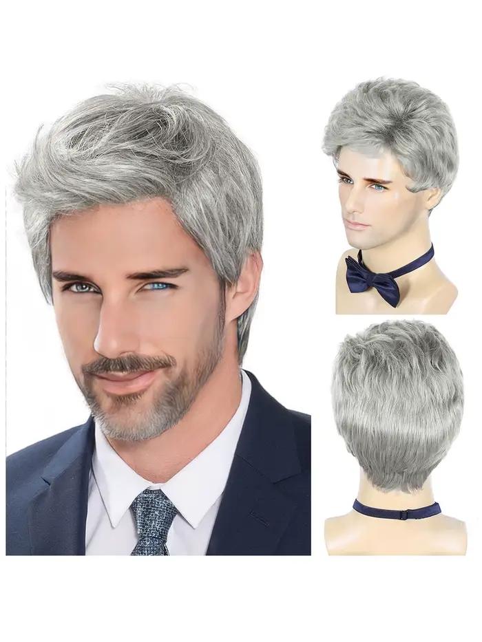 Perruques synthétiques courtes gris argenté pour hommes, perruque naturelle résistante à la chaleur