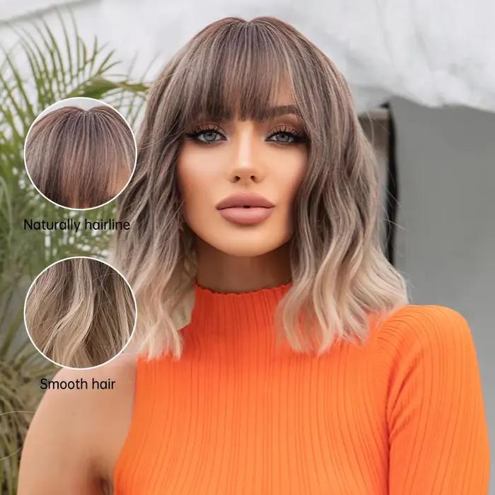 Perruques Bob ondulées grises avec frange pour femmes, perruque synthétique courte blonde ombrée ave