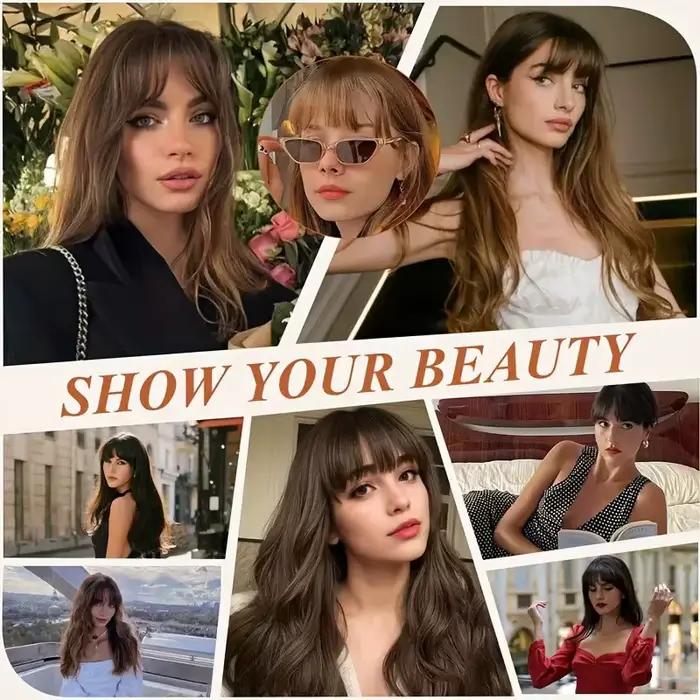 Frange synthétique à clipser, coupe effilée avec pattes de cheveux, brun foncé, aspect naturel pour