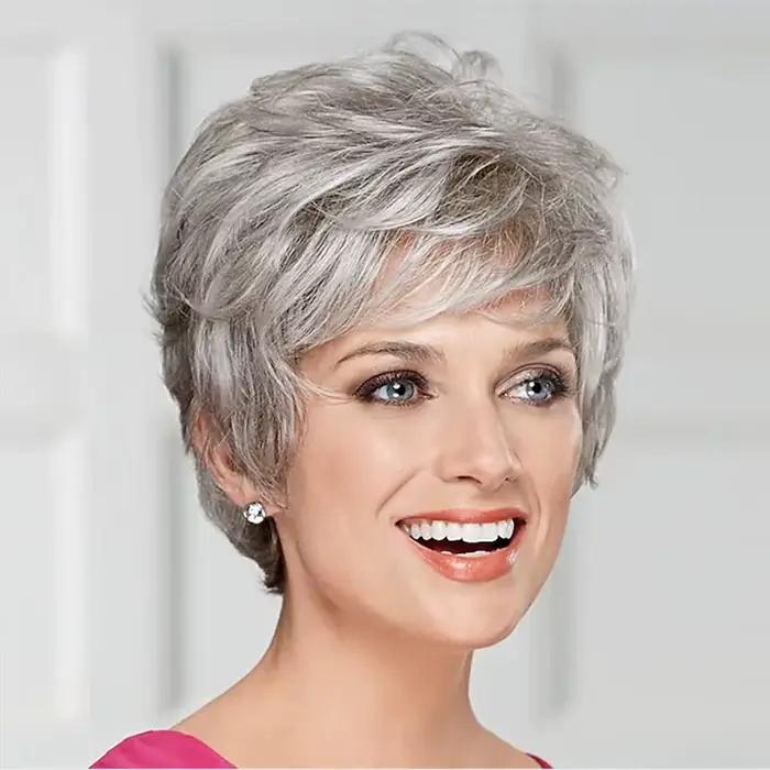 HAIRJOY cheveux synthétiques femmes perruques courtes classiques couches perruque grise bouclée