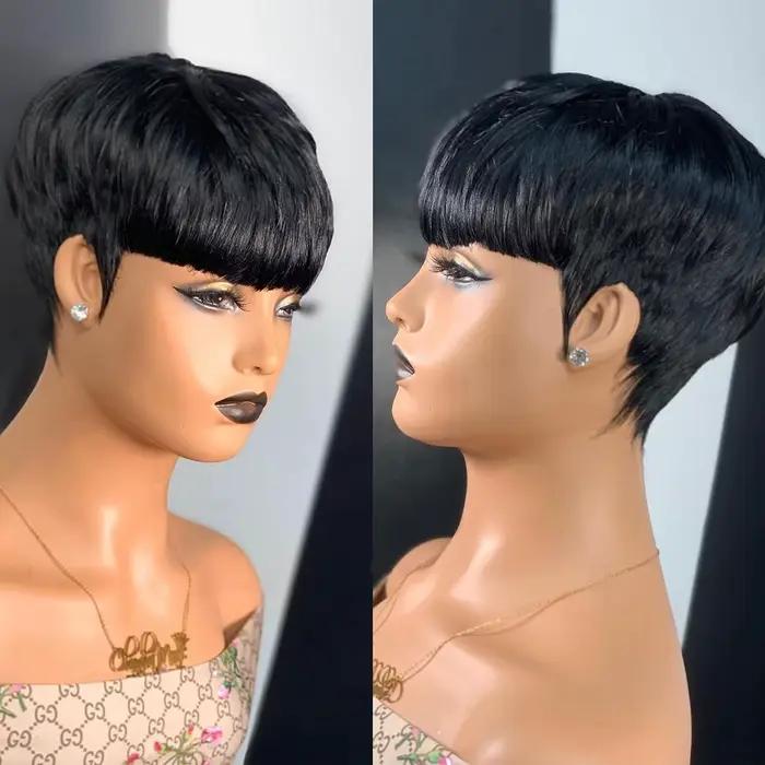 Perruques de cheveux courts, perruques coupe lutin, perruques courtes droites noires pour dames perr