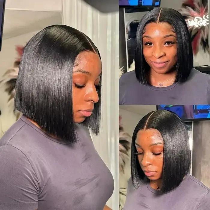 Perruque Bob Lace Frontal Wig naturelle, cheveux courts, lisses, 13x4, 100% cheveux humains, pre-plu