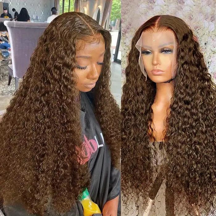 38Inch Chocolate Brown Curly Wave HD Lace Front Wig 13x4 13x6 Water Wave HD Lace Frontal Human Hair