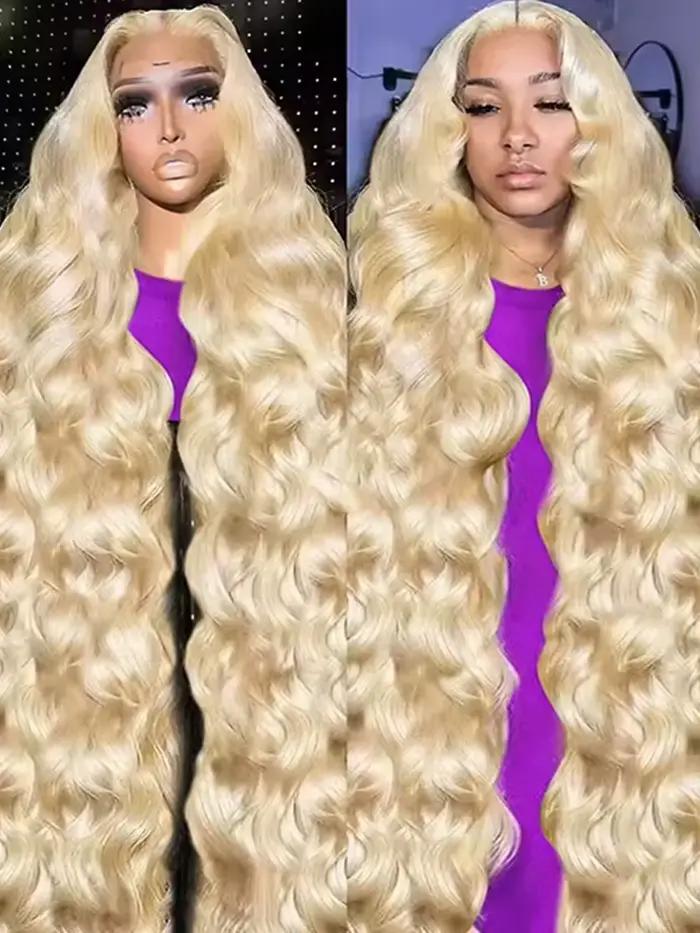 34 pouces 613 13x6 dentelle avant perruque cheveux humains vague de corps Blonde dentelle frontale p
