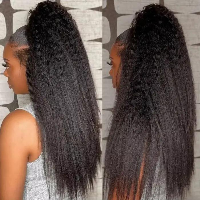 Perruques frontales 360 HD Lace Kinky Straight en cheveux humains brésiliens, densité 220, noires, p
