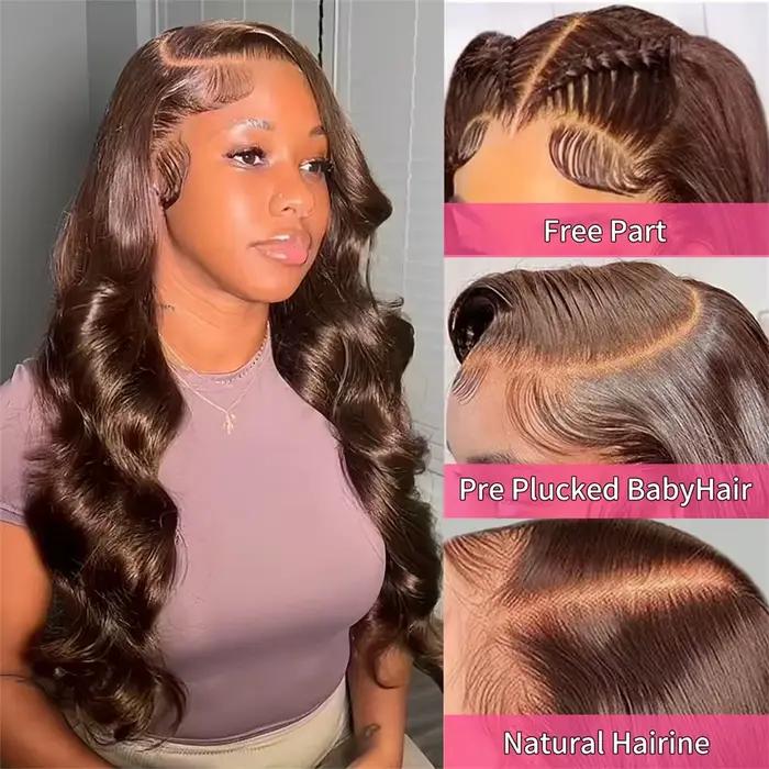 Perruque Lace Front Wig Body Wave naturelle, cheveux naturels, brun chocolat, Transparent HD, 13x6,
