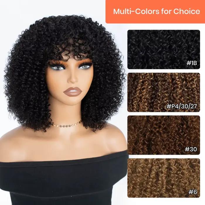 Perruques Bob Courtes Bouclées en Cheveux Humains, Perruques Afro Bouclées avec Frange, Perruques Bo