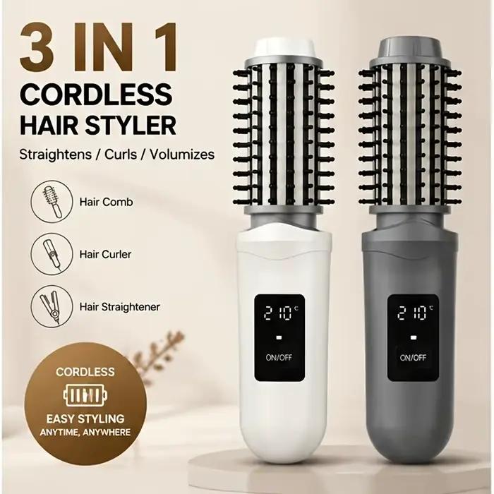 Nouvelle brosse lissante ionique sans fil portable rechargeable par USB 2-en-1