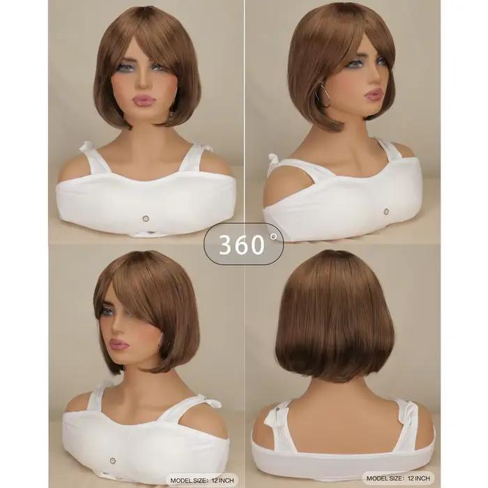 Perruques synthétiques lisses Bob marron foncé avec frange complète, cheveux courts noirs pour femmes, fête de Cosplay quotidienne, utilisation résistante à la chaleur