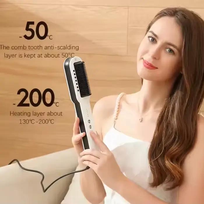 Brosse lissante électrique à vapeur chaude 2-en-1 : Fer à lisser et fer à boucler anti-brûlure à chauffe rapide