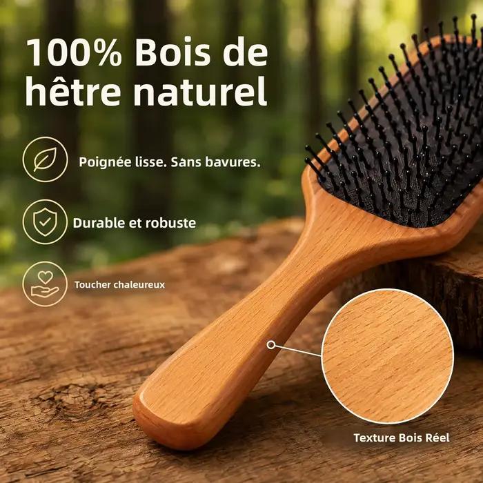 Brosse à cheveux en bois de qualité supérieure avec coussin en caoutchouc – Massage doux du cuir chevelu et contrôle