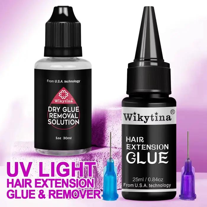 Kit de colle UV pour extensions capillaires, solution de retrait rapide pour colle sèche et extensions à bandes, colle et dissolvant pour greffe rapide