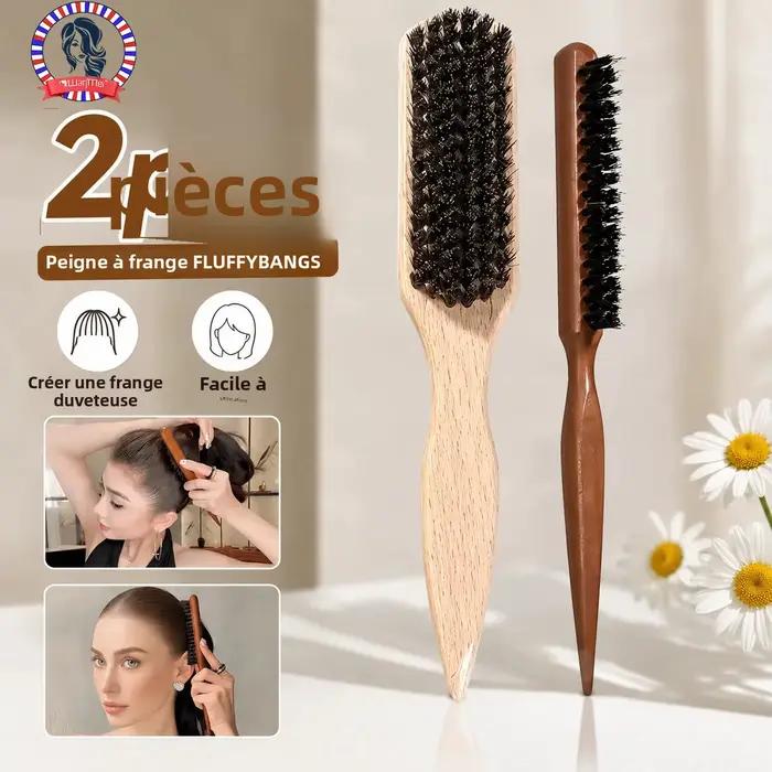 Lot de 2 brosses à cheveux en poils de sanglier avec manche en bois pour coiffure et contrôle des bords