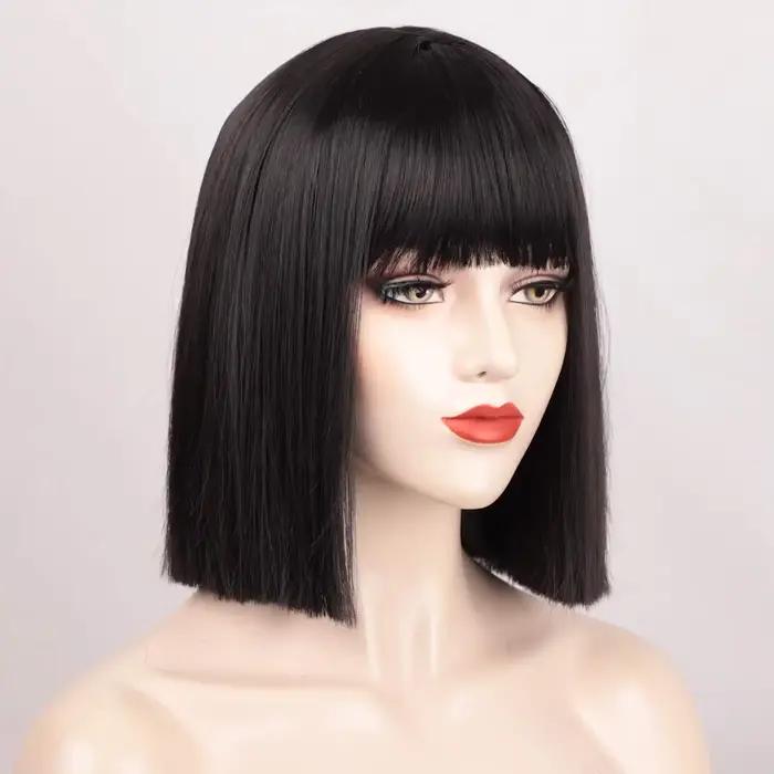 Perruque Bob Noire Courte avec Frange pour Femme, Perruques Droites, Degré de Chaleur, Ultraviolet Synthétique, Mia Wallace, Aleopatra Cospaly