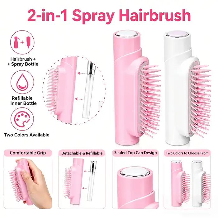 Brosse à cheveux portable 2-en-1 avec vaporisateur | Bouteille de pulvérisation intégrée