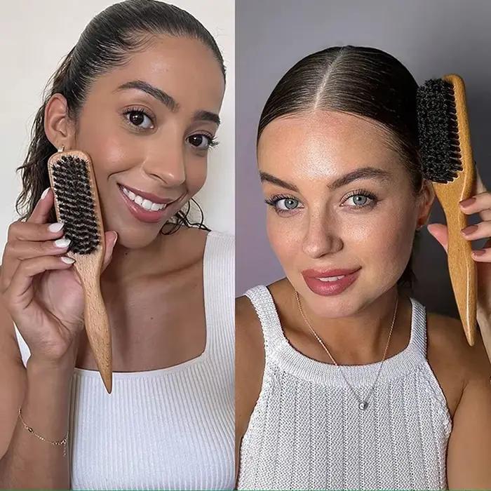 Lot de 2 brosses à cheveux en poils de sanglier avec manche en bois pour coiffure et contrôle des bords