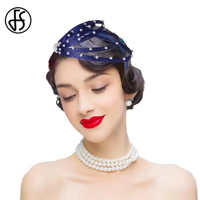 Chapeau fascinateur bleu royal avec fausses perles – Coiffure de mariage élégante