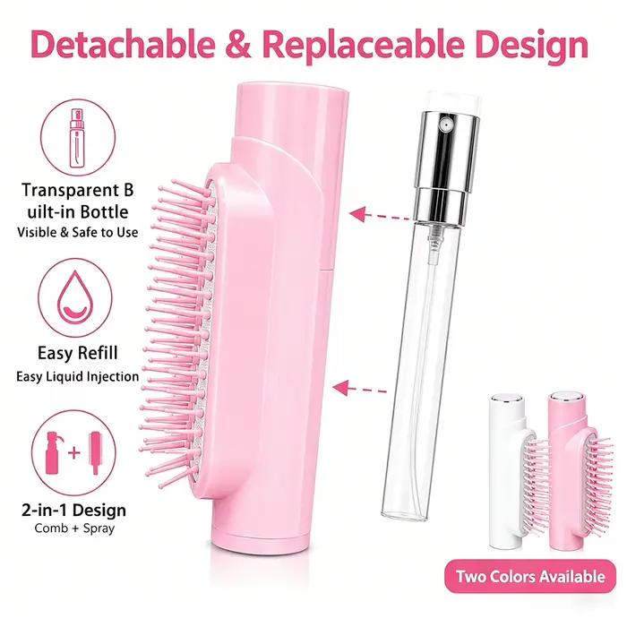 Brosse à cheveux portable 2-en-1 avec vaporisateur | Bouteille de pulvérisation intégrée