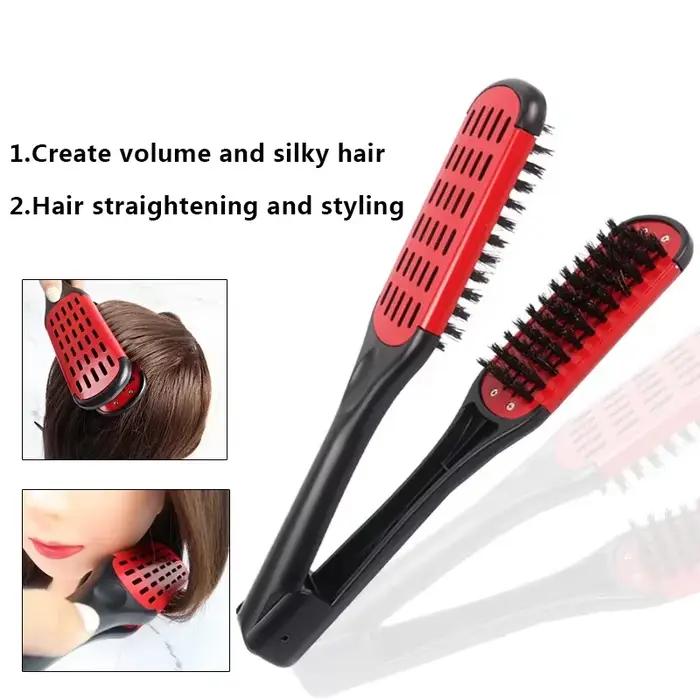 Lisseur de cheveux professionnel V Comb Clamp 2 en 1 avec double brosses en nylon