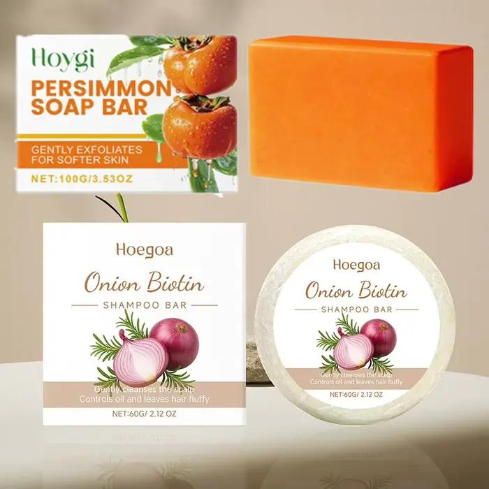 Shampooing Solide Naturel Oignon et Kaki Soin Capillaire Anti-Pelliculaire Contrôle du Sébum Réparation des Pointes Fourchues Cheveux Secs et Frisés Nourrit le Cuir Chevelu