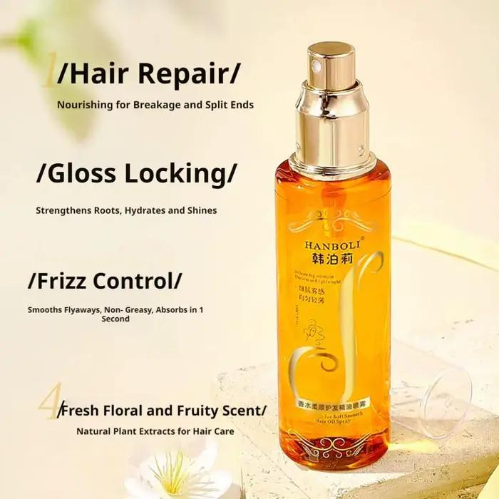 Huile Essentielle Capillaire en Spray Hydratante et Adoucissante – Essence Nourrissante Sans Rinçage Anti-Dessèchement et Anti-Statique pour Cheveux