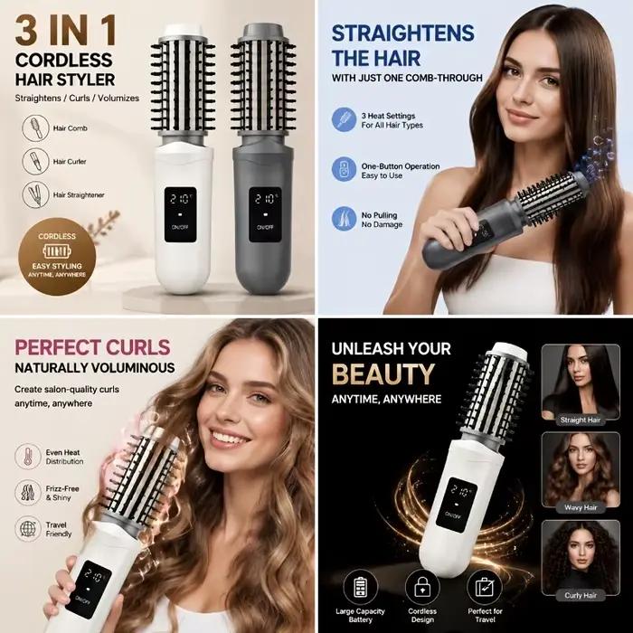 Nouvelle brosse lissante ionique sans fil portable rechargeable par USB 2-en-1