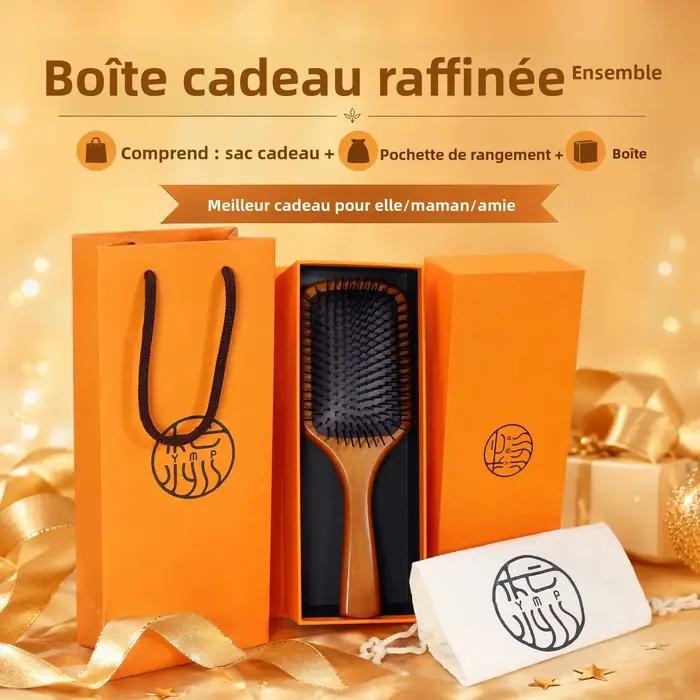 Brosse à cheveux en bois de qualité supérieure avec coussin en caoutchouc – Massage doux du cuir chevelu et contrôle
