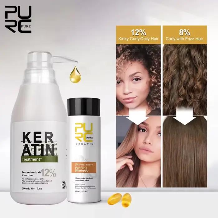 PURC 300ml traitement des cheveux à la kératine brésilienne et 100ml ensemble de shampooing purifiant professionnel