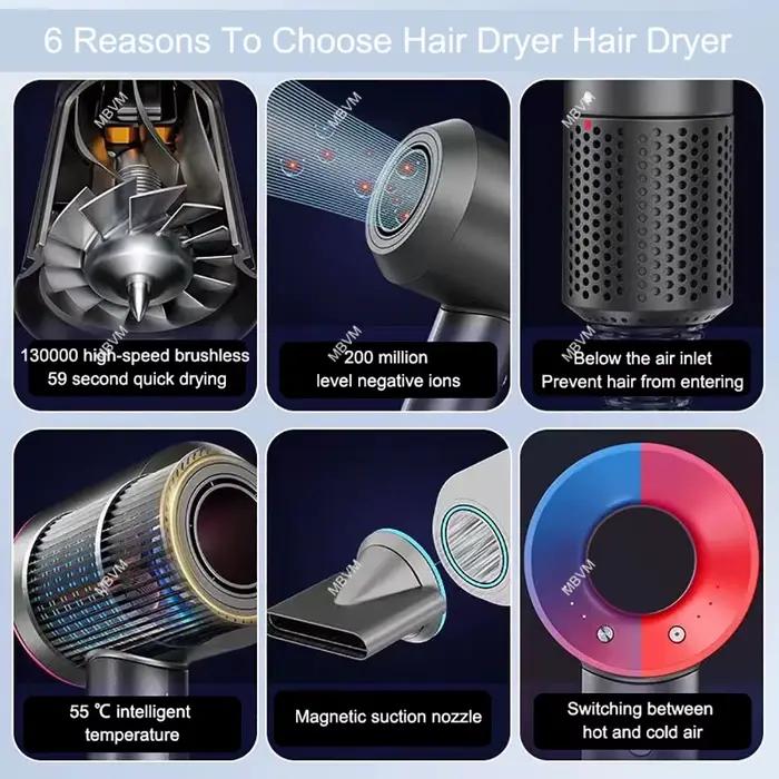 Sèche-cheveux professionnel 7 en 1 avec fonction air chaud et froid