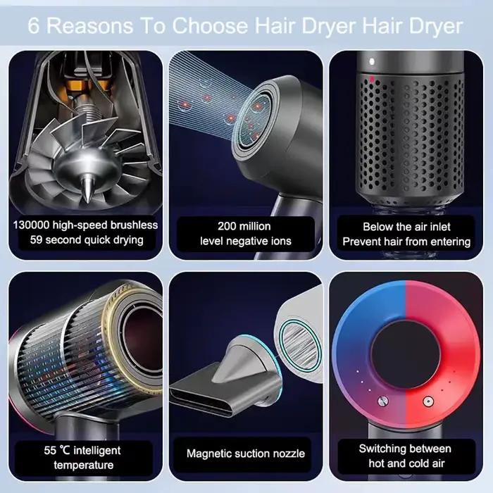 Sèche-cheveux professionnel 7-en-1 High Wind Home à ions négatifs, 220V, 1600W, puissant, pour soins capillaires et style salon