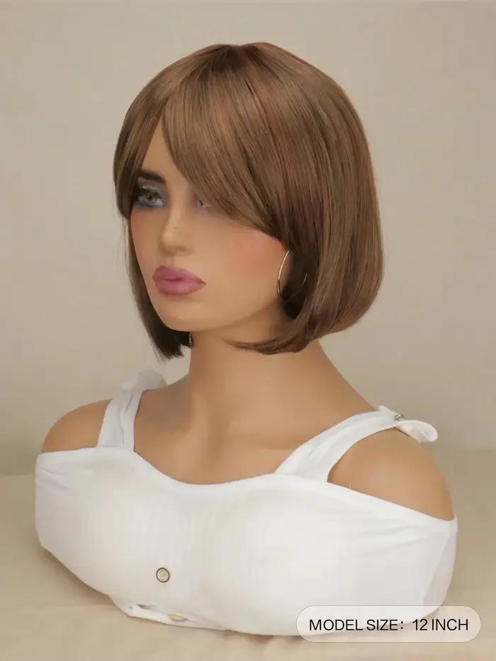 Perruques synthétiques lisses Bob marron foncé avec frange complète, cheveux courts noirs pour femmes, fête de Cosplay quotidienne, utilisation résistante à la chaleur