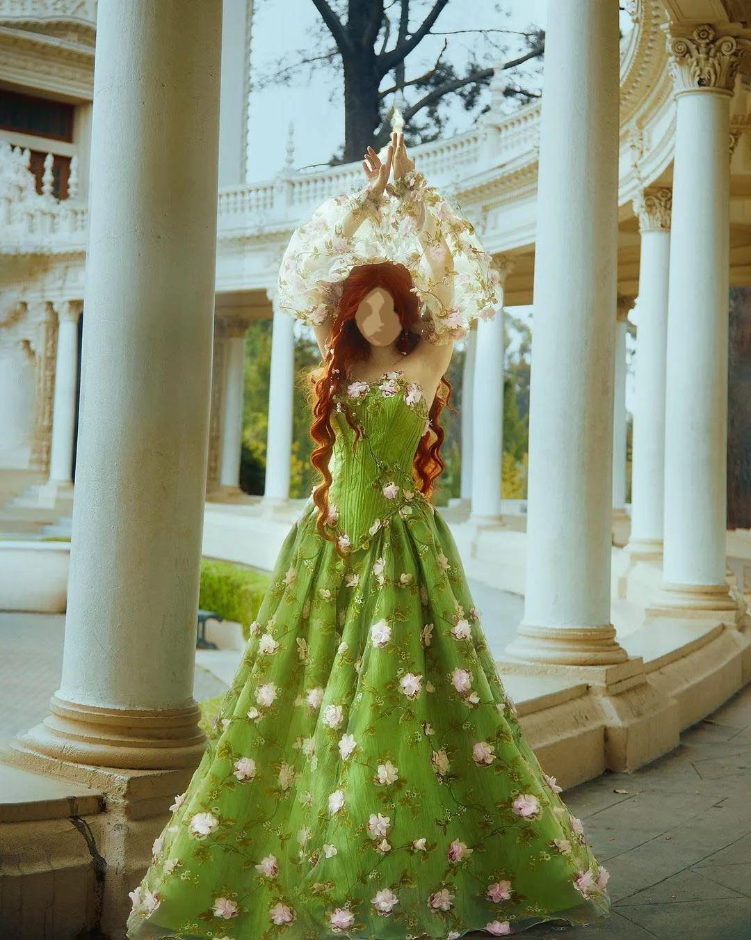 EVER AZOLE-Robe de soirée transparente sans étoiles, verte, élégante, motif floral, superposée, avec des appliques de fleurs, manches longues